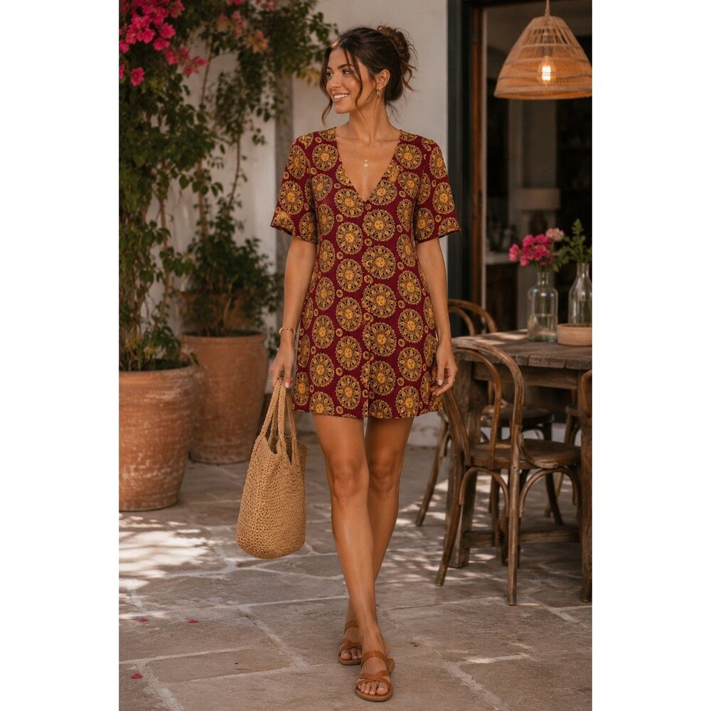 MOTEL ROCKS Sundial Deena Short Sleeve Button Front V-Neck Sun Swing Dress S